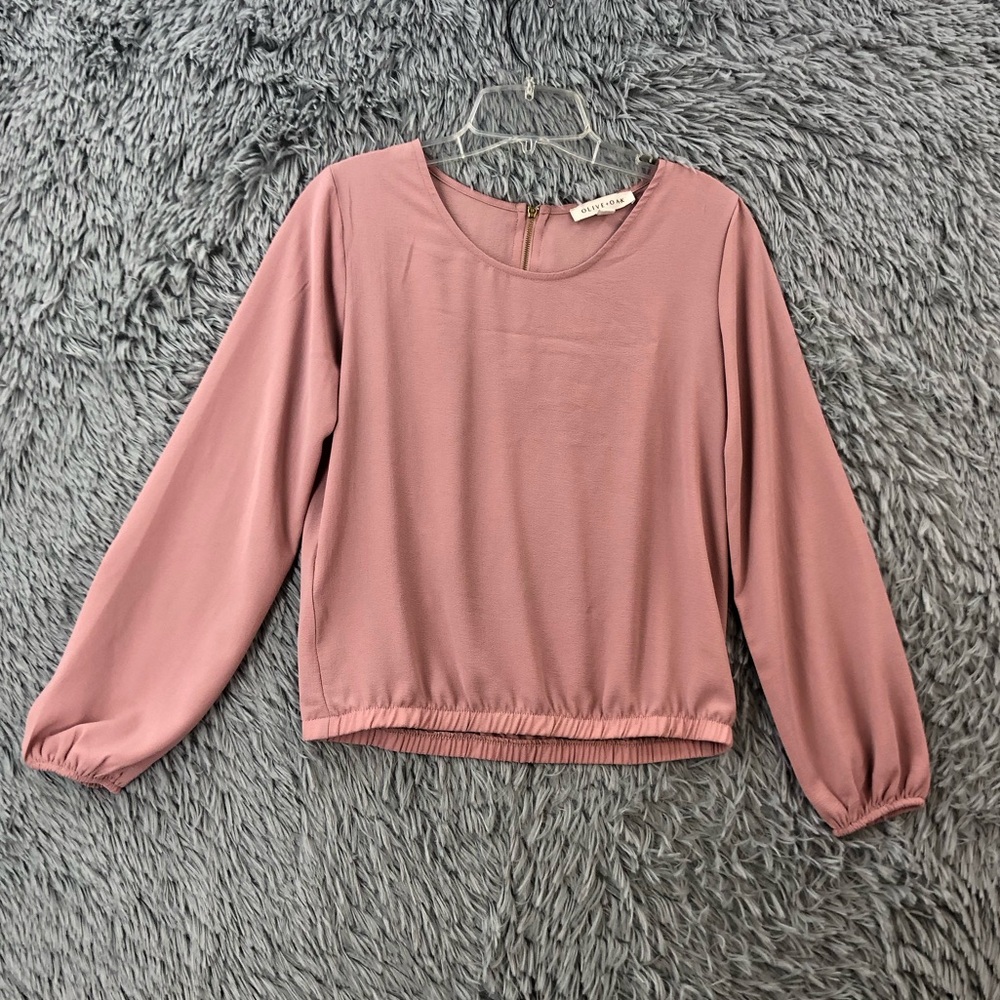 Olive + Oak Blouse Womens Small Balloon Sleeve Zipper Back Gathered Waist Top